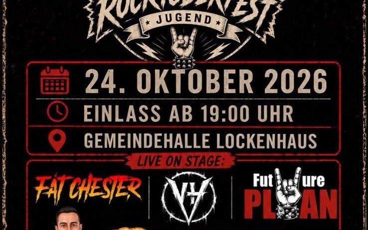 Poster for Rocktoberfest Jugend event on October 24, 2026. Features bands Fat Chester and V, and includes a pizza offer.