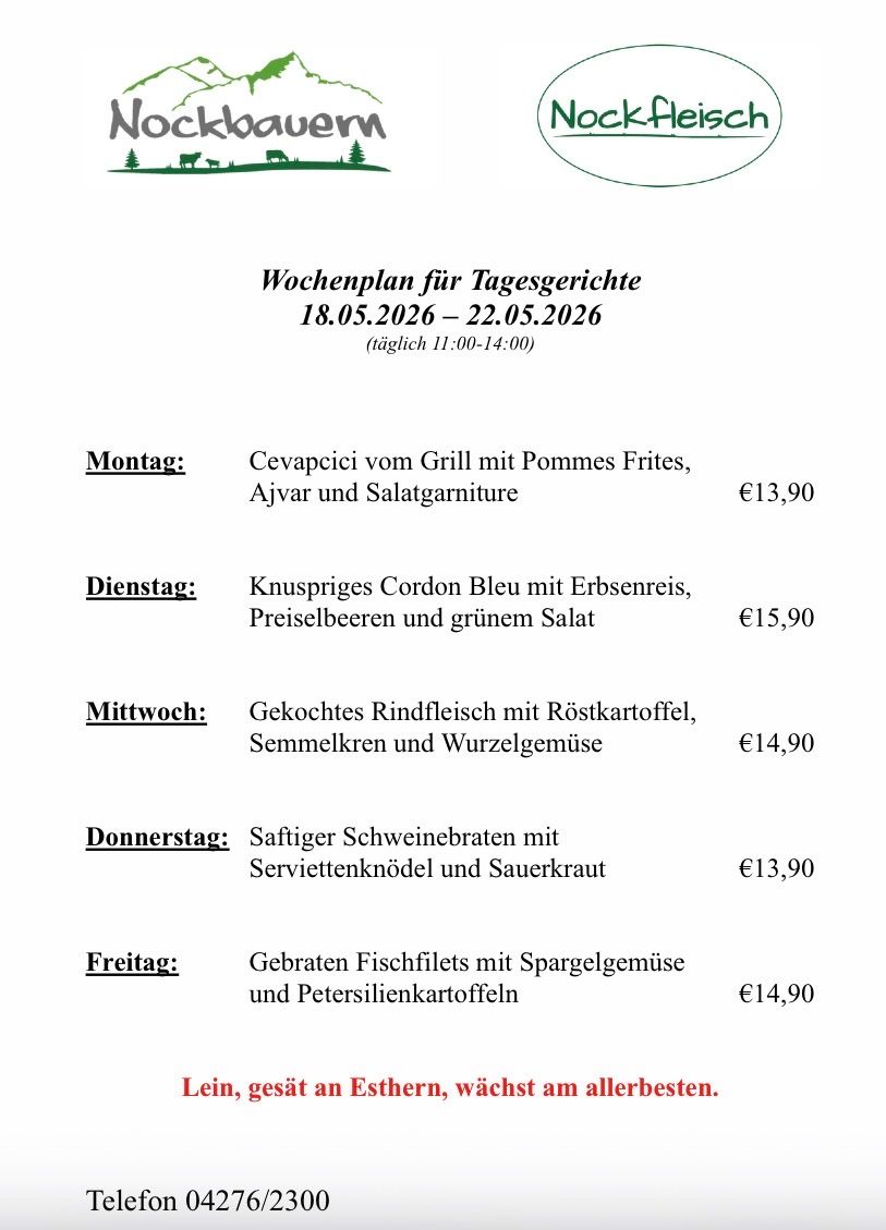 Wochenplan für Tagesgerichte 18.05.2026 - 22.05.2026 (täglich 11:00-14:00). Montag: Cevapcici vom Grill mit Pommes Frites, Ajvar und Salatgarnitur. Dienstag: Knuspriges Cordon Bleu mit Erbsenreis, Preiselbeeren und grünem Salat. Mittwoch: Gekochtes Rindfleisch mit Röstkartoffeln, Semmelbröseln und Wurzelgemüse. Donnerstag: Saftiger Schweinebraten mit Serviettenknödel und Sauerkraut. Freitag: Gebratene Fischfilets mit Spargelgemüse und Petersilienkartoffeln.