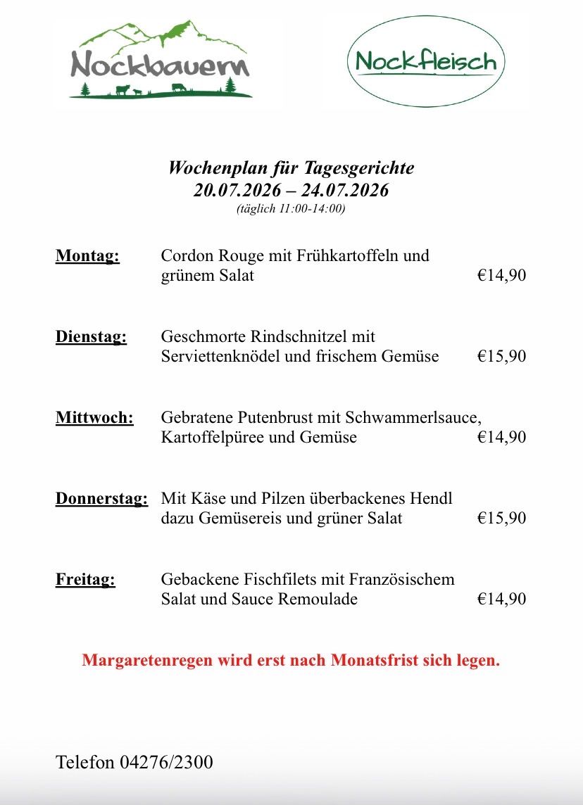 A weekly meal plan for the period from July 20, 2026, to July 24, 2026, includes dishes like Cordon Rouge with potatoes and green salad, and Geschmortes Rindschnitzel with beef slices and fresh vegetables.