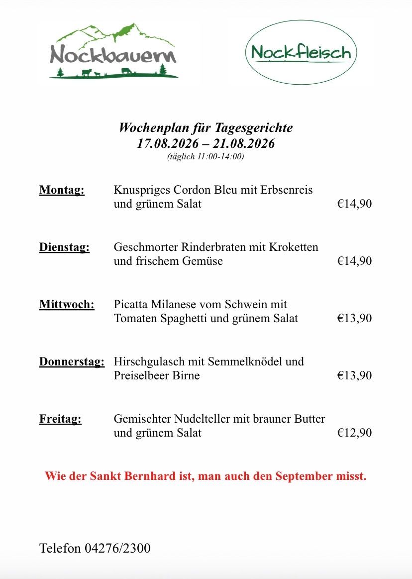 Weekly menu for daily meals from August 17, 2026, to August 21, 2026. Each day lists a meal with its price. The menu includes dishes like 'Knuspriges Cordon Bleu mit Erbsenreis und grünem Salat' for €14.90 on Monday.