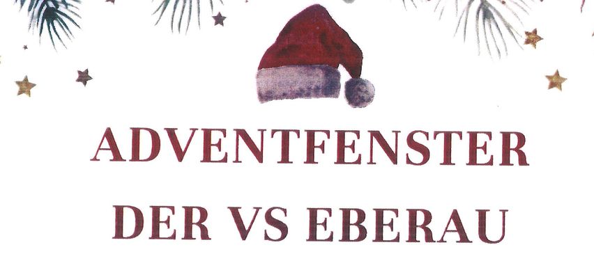 Plakat für das Adventfenster-Event in VS Eberau am 16. Dezember 2025, 16:30 Uhr. Das Programm beinhaltet die Segnung der neuen Outdoorspielgeräte durch Herrn Dechant Mag. Karl Schlögl. Verköstigung durch den Elternverein.