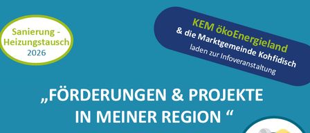 Plakat uber Forderung und Projekte in einer Region, mit 'Warme-Buddys' von Ing. Joachim Hacker und 'Forderung 2026 fur Privatpersonen' von DI Andrea Moser. Das Ereignis ist am Mittwoch, 4. Februar 2026 um 18:00. Anmeldung endet am 30.01.2026.