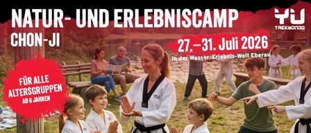 A woman leads a martial arts group of children, all in white uniforms. The backdrop shows a serene lake with a bench, a man reading a book, and two more people. The image highlights the 'Tour and Experience Camp N-JI' from July 27-31, 2026.