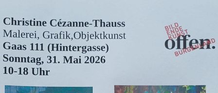 Poster mit zwei Gemälden von Frauen und einem Hund. Das obere Gemälde zeigt eine Frau in der Nähe einer Burg. Das untere Gemälde zeigt eine Frau, die einen Hund hält. Telefonnummer, Website und Gemeindename sind aufgeführt.