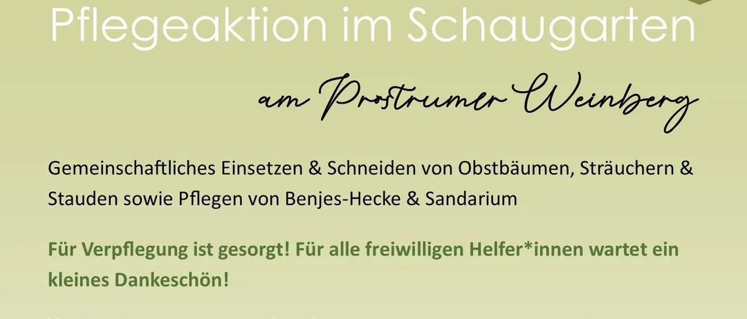 Ein Plakat für eine Gemeinschaftsveranstaltung zum Schneiden und Pflegen von Bäumen, Sträuchern und Stauden sowie von Bänken und Sandkasten. Die Veranstaltung findet am Samstag, 19. September 2026, von 9:30 Uhr bis 12:00 Uhr statt. Sie findet im Schaugarten Prostrumer Berg statt. Im Vordergrund befindet sich ein kleiner Haufen Äste.