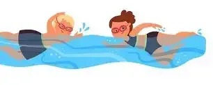 Two children wearing swimming goggles are swimming in an inflatable pool. One child is swimming on the left and the other on the right.