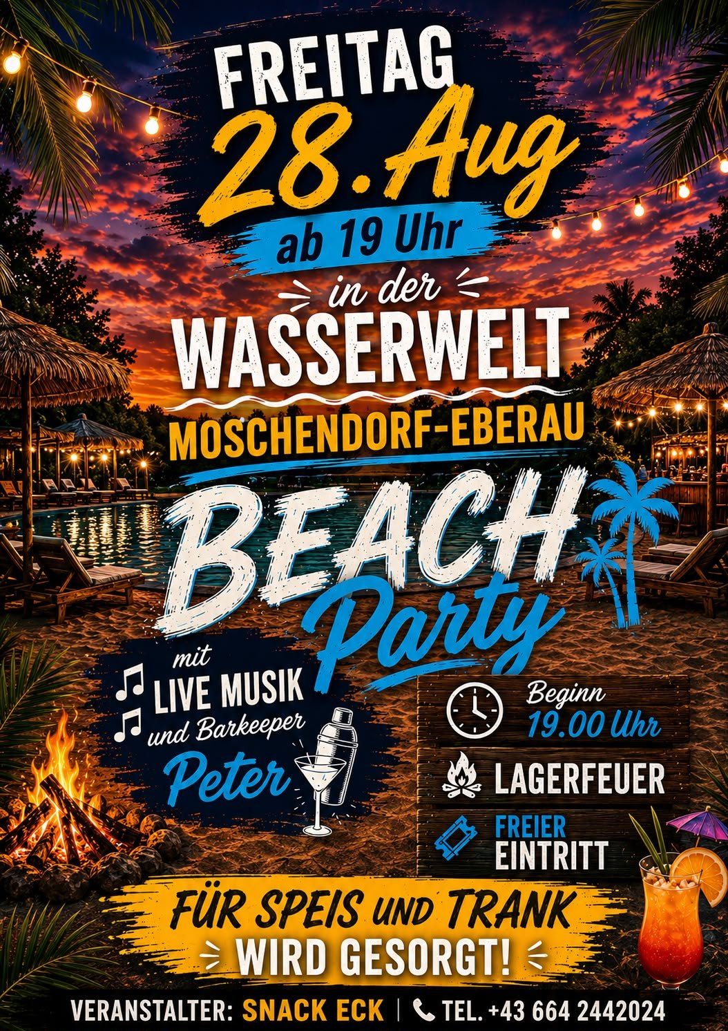 Beachparty-Veranstaltungsplakat mit Sonnenuntergang, Pool, Liegestühlen und einem Lagerfeuer. Es bietet Live-Musik, einen Barkeeper namens Peter und ein Lagerfeuer. Die Veranstaltung beginnt um 19 Uhr.