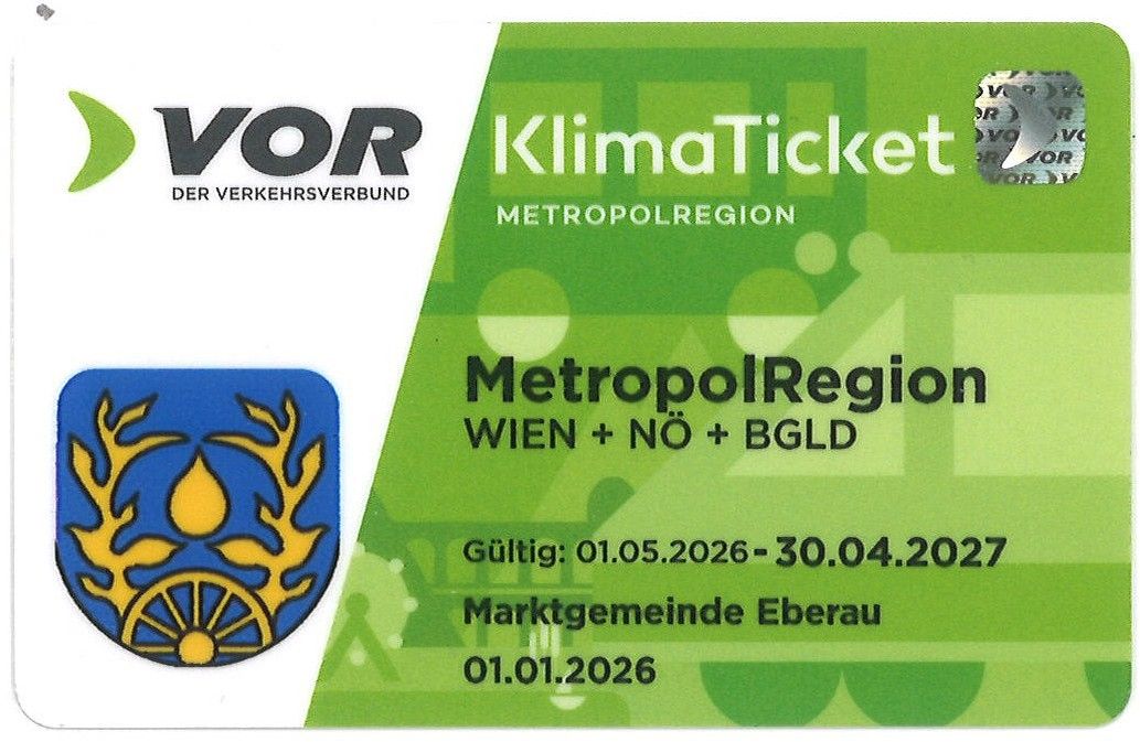 MetropolRegion KlimaTicket gültig von 01.05.2026 bis 30.04.2027, Marktgemeinde Eberau, ausgestellt 01.01.2026.