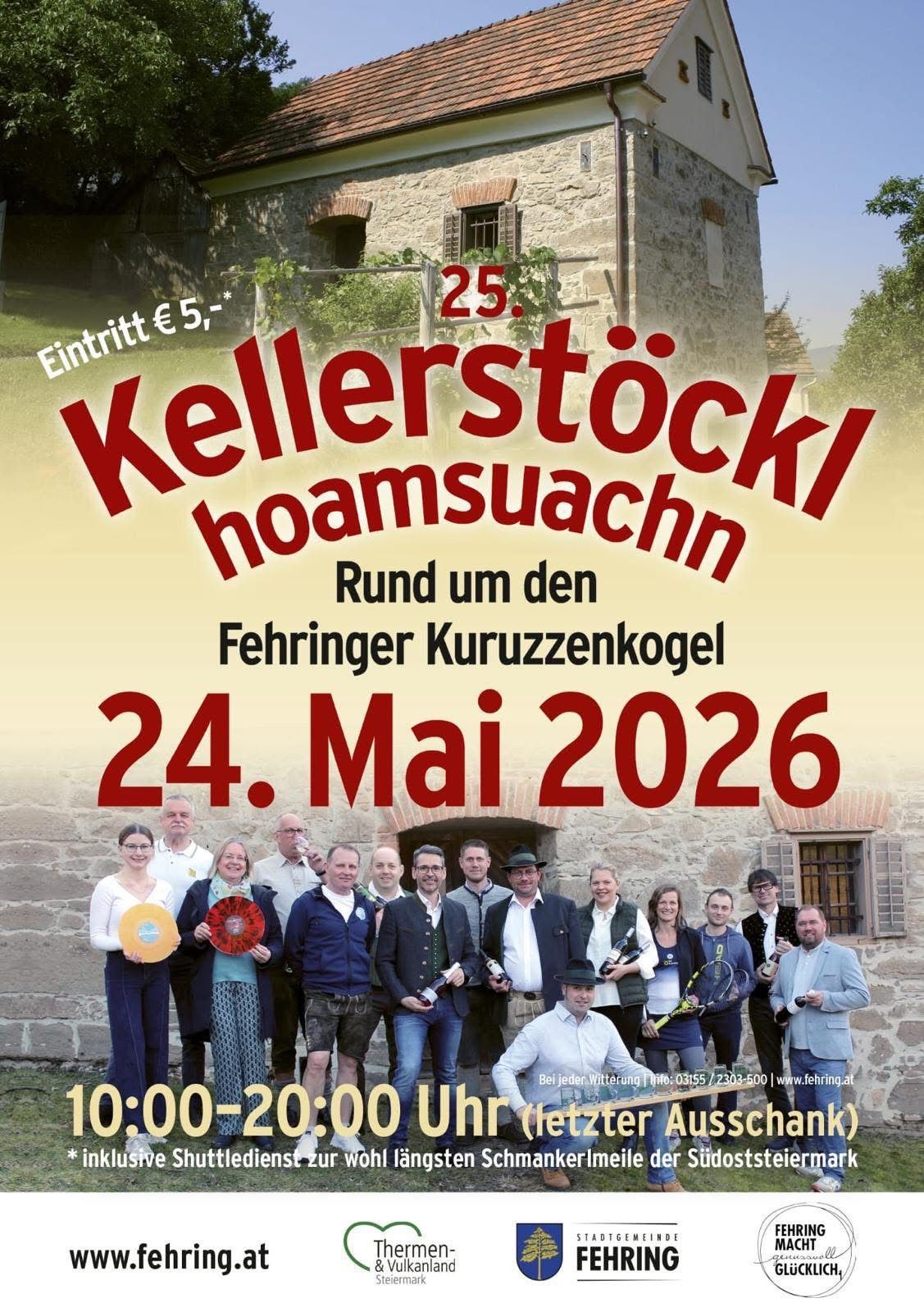 Plakat für Kellerstockl homemsuacn-Veranstaltung am 24. Mai 2026. Eintritt 5 Euro. Gruppenfoto von Menschen mit Trophäen und Flaschen vor einem Schloss.