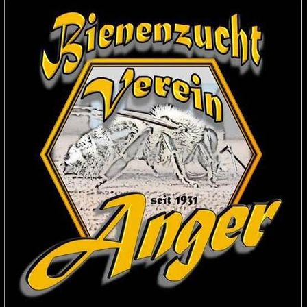 Ein Logo für Bienenzucht Verein Anger, das eine Biene in einem Sechseck zeigt, mit dem Text 'seit 1931' darunter. Das Logo ist auf schwarzem Hintergrund gesetzt.