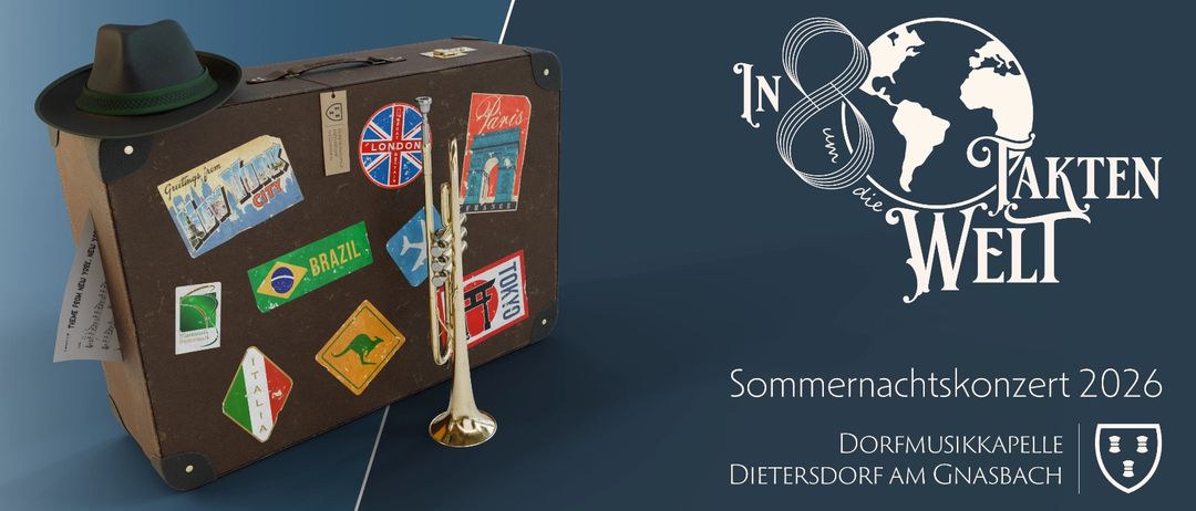 Eine Trompete ruht neben einem Vintage-Koffer, verziert mit Aufklebern aus London, Paris, Brasilien und Tokio. Das Bild zeigt den Text 'Sommern' und 'Dietersdor'.