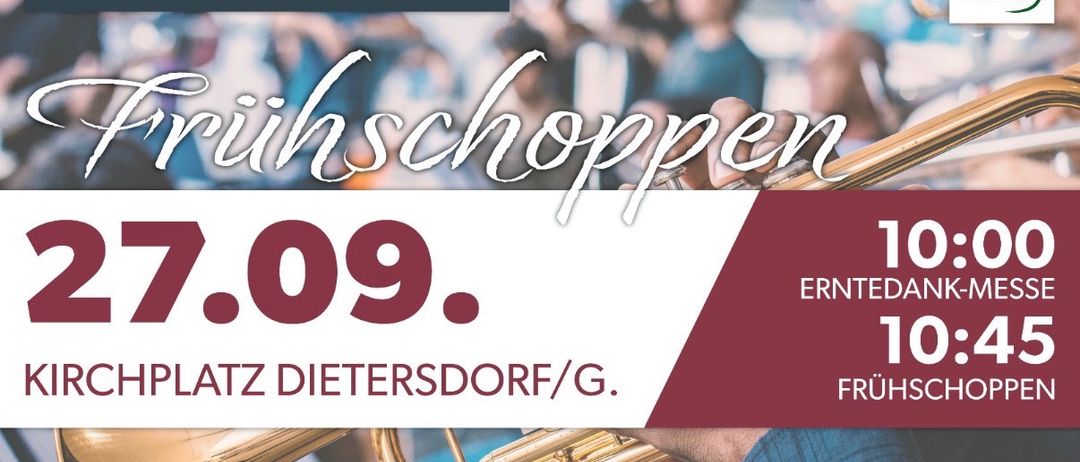Plakat für Dorfmusikkapelle Dietersdorf am Gnasbach Veranstaltung am 17. September, mit einem Blechinstrument und verschwommenen Musikern im Hintergrund. Sponsoren sind Ford, Schiftner Dach, Heuboden und andere.