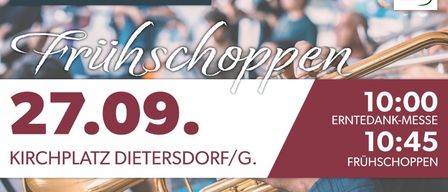 Plakat für Dorfmusikkapelle Dietersdorf am Gnasbach Veranstaltung am 17. September, mit einem Blechinstrument und verschwommenen Musikern im Hintergrund. Sponsoren sind Ford, Schiftner Dach, Heuboden und andere.