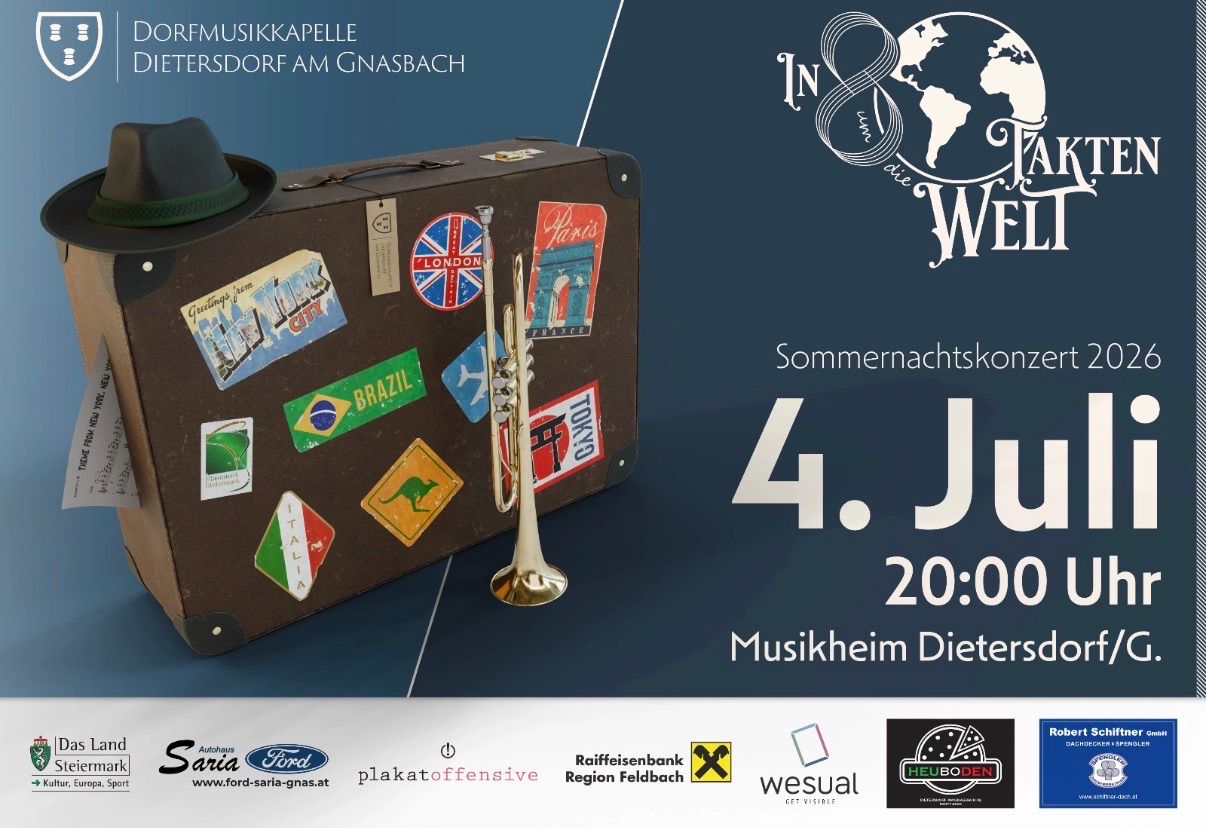 Ein Poster zeigt einen Vintage-Koffer mit Aufklebern aus verschiedenen Ländern, einem Trompete und einem Hut. Der Text lautet 'In 8 We' und 'Sommernachtskonzert' mit Datum und Uhrzeit. Unten befinden sich Logos.