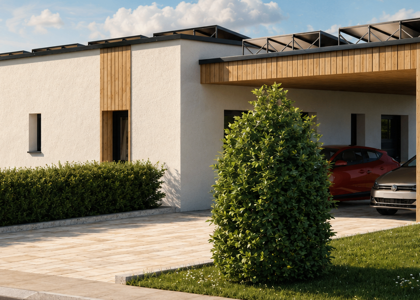 Ein modernes Haus mit Solarpanelen auf dem Dach, ein rotes Auto vor dem Haus und ein grüner Busch im Vordergrund.