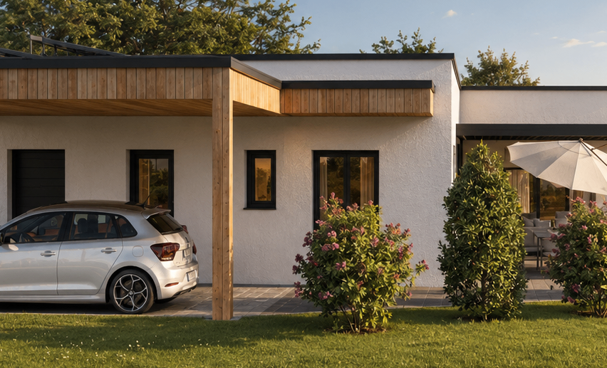 Ein modernes weißes Haus mit einem hölzernen Carport und einem silbernen Auto davor. Das Haus hat ein schlankes Design mit schwarzen Fenstern und einem Solarpanel auf dem Dach.