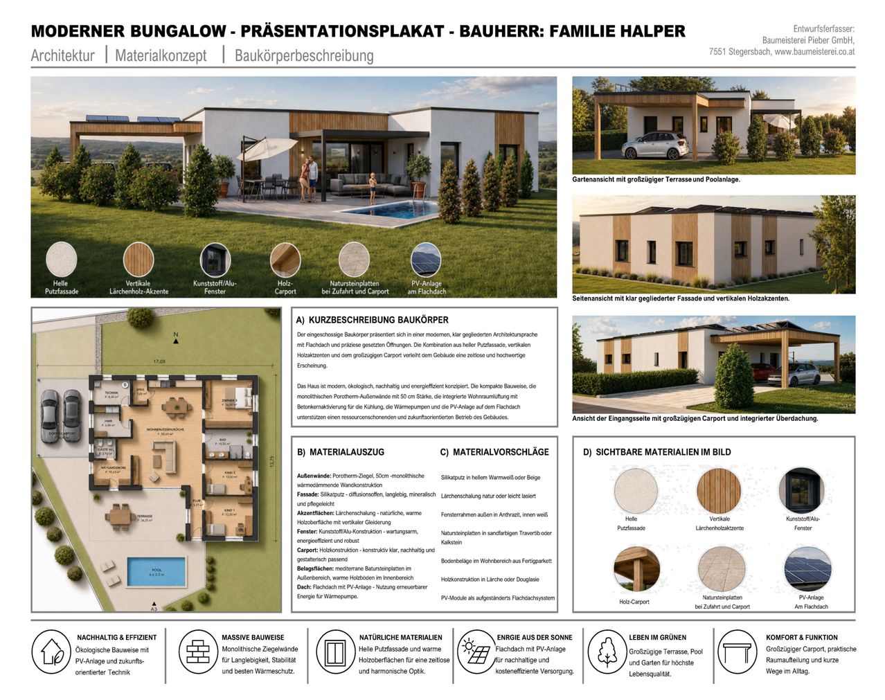 Ein Präsentationsplakat für einen Bungalow von Bauherr Familie Halper. Das Plakat enthält einen Grundriss, Materialbeschreibungen und eine Beschreibung der Hausmerkmale. Das Haus ist mit einem modernen architektonischen Stil dargestellt, der eine Kombination aus klaren verglasten Fassaden, vertikalen Holzakzenten und einem großen Carport aufweist. Der Gartenbereich umfasst eine Terrasse, einen Pool und einen Carport.