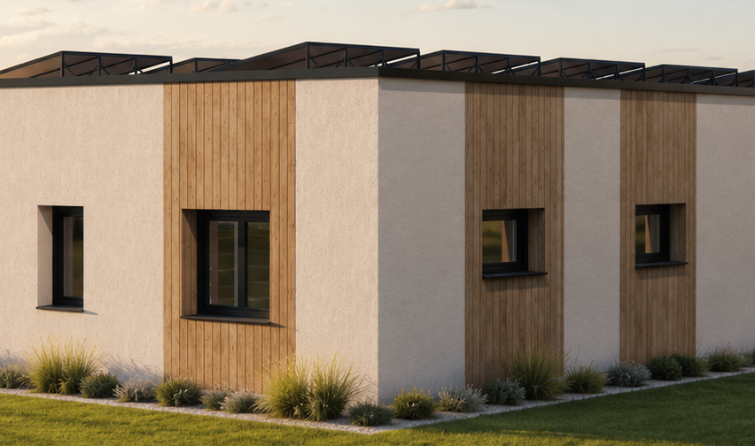 Ein modernes Haus mit einem Flachdach, Solarmodulen und Holzverkleidungen außen. Es hat drei Fenster und ist von Gras umgeben.