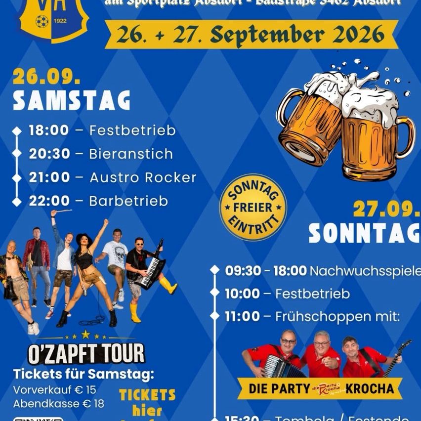 Plakat für die O'Zapft Tour Veranstaltung am 26. und 27. September 2026 mit einer Reihe von Bands und Aktivitäten, mit Fokus auf Bier und Musik.