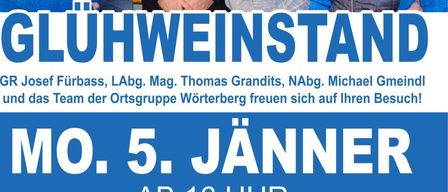 Das Plakat lädt zum Glühweinstand am 5. Januar ab 16 Uhr im Jugendraum ein. Es zeigt Gruppenfotos und erwähnt lokale Führungspersonen.