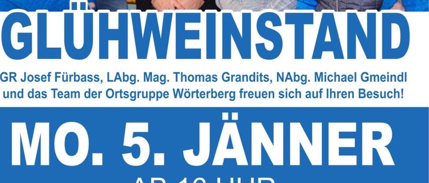 Das Plakat lädt zum Glühweinstand am 5. Januar ab 16 Uhr im Jugendraum ein. Es zeigt Gruppenfotos und erwähnt lokale Führungspersonen.