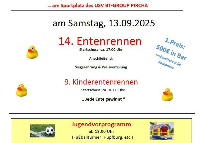 Plakat für eine Sportveranstaltung am Sportplatz des USV BT-Group Pircha am 13.09.2025. Bietet 14 Tennismatches für Erwachsene, 9 Tennismatches für Kinder und Jugendprogramme. Preise und weitere Informationen sind angegeben.
