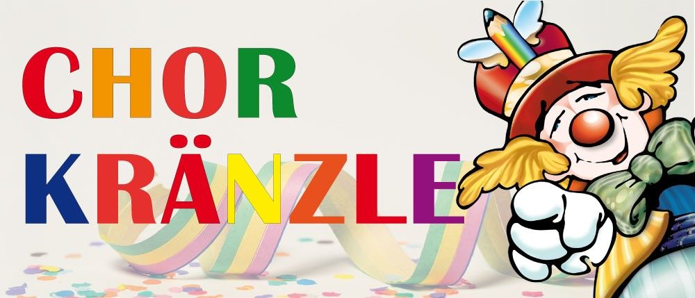 Ein Poster zeigt einen fröhlichen Clown mit einem Stift auf seinem Hut, der mit einem mehrfarbigen Bandhintergrund zeigt.