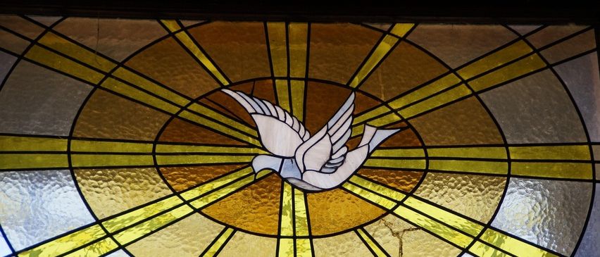 Ein Buntglasfenster zeigt eine weiße Taube mit ausgebreiteten Flügeln, zentriert in einem goldenen Kreis mit strahlenden Linien.