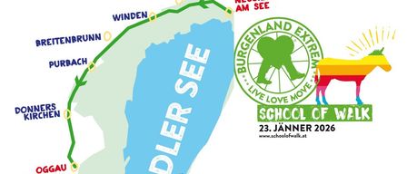 Die Karte zeigt eine Route für die School of Walk Veranstaltung, die durch Jois, Winden und Neusiedl am See führt. Die Karte hebt einen See namens 'Edler See' hervor und enthält Logos für Burgenland Extreme und School of Walk, geplant für den 23. Jänner.