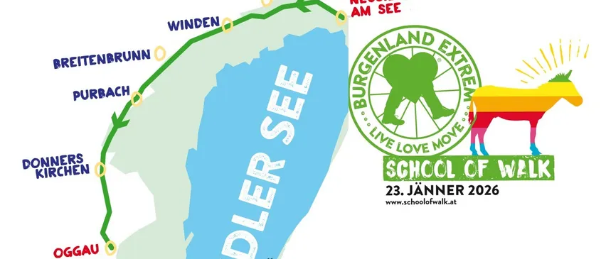 Die Karte zeigt eine Route für die School of Walk Veranstaltung, die durch Jois, Winden und Neusiedl am See führt. Die Karte hebt einen See namens 'Edler See' hervor und enthält Logos für Burgenland Extreme und School of Walk, geplant für den 23. Jänner.
