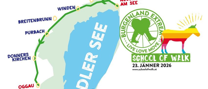 Die Karte zeigt eine Route für die School of Walk Veranstaltung, die durch Jois, Winden und Neusiedl am See führt. Die Karte hebt einen See namens 'Edler See' hervor und enthält Logos für Burgenland Extreme und School of Walk, geplant für den 23. Jänner.