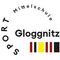 Das Logo der Gloggnitz Mittelschule, mit dem Text 'SPORT Gloggnitz' und den Farben der österreichischen Flagge in Streifen.