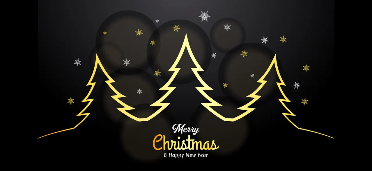 Ein festliches Design mit einem goldenen Weihnachtsbaum umgeben von Schneeflocken und Sternen auf schwarzem Hintergrund, mit dem Text 'Frohe Weihnachten & Glückliches Neues Jahr' in Gold.