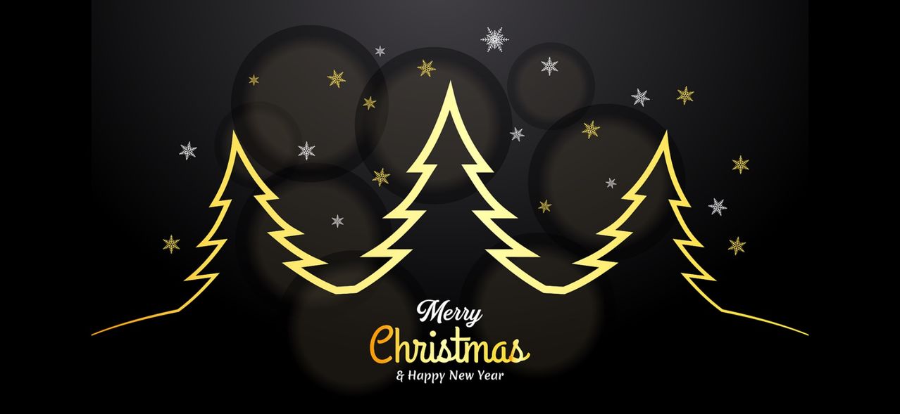 Ein festliches Design mit einem goldenen Weihnachtsbaum umgeben von Schneeflocken und Sternen auf schwarzem Hintergrund, mit dem Text 'Frohe Weihnachten & Glückliches Neues Jahr' in Gold.