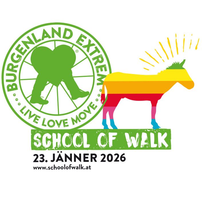 Logo für das Burgenland Extrem Event mit einem bunten Zebra und einem Sonnenaufgang. Der Text lautet 'School of Walk' und das Datum 23. Jänner 2026. Website-Link enthalten.