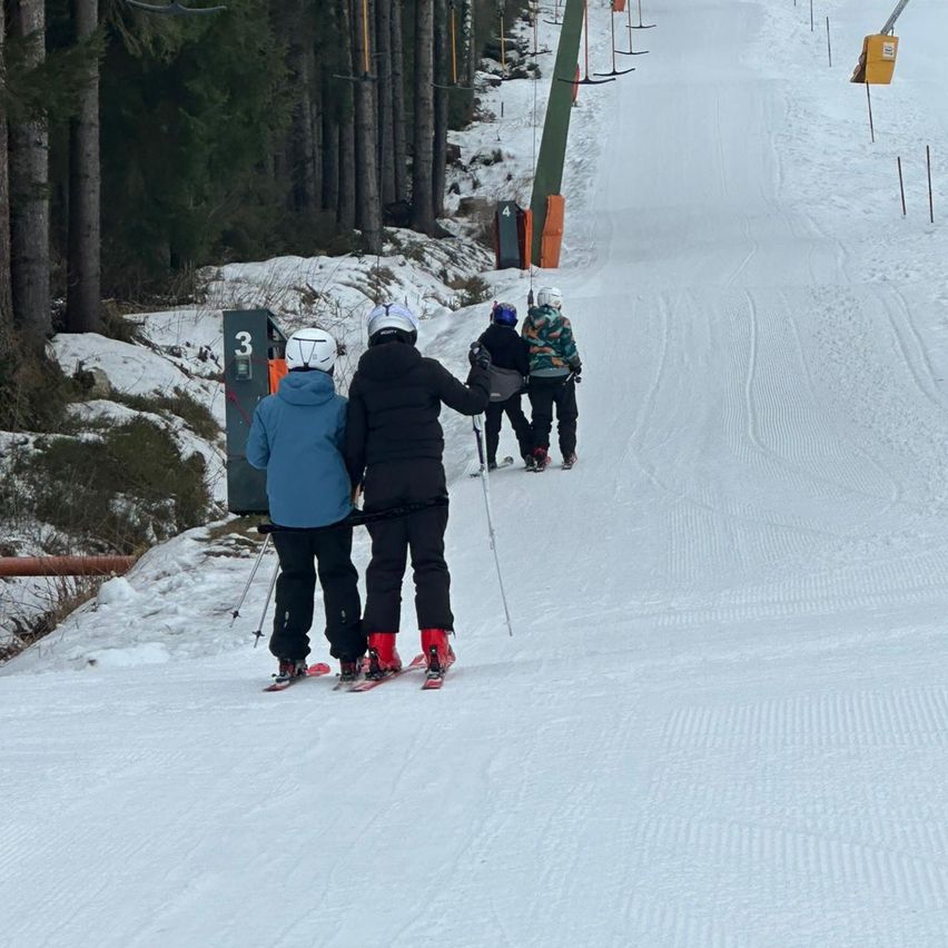 Vier Skifahrer in Helmen und Skiausrüstung stehen auf einem verschneiten Hang. In der Nähe befindet sich ein Schild mit der Nummer 3.