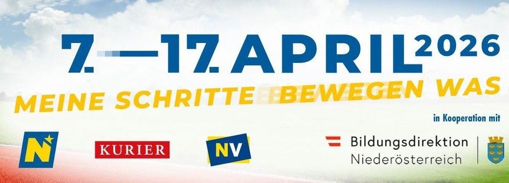 Eine Veranstaltung vom 7. bis 17. April mit den Logos von 'Kurier' und 'NV'. Der Text lautet '7-17 April' und 'Ein Schritte bewegen'. Darunter befindet sich ein 'Bildungsdirekt' Logo.
