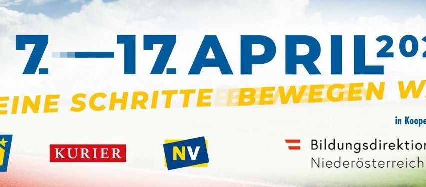 Eine Veranstaltung vom 7. bis 17. April mit den Logos von 'Kurier' und 'NV'. Der Text lautet '7-17 April' und 'Ein Schritte bewegen'. Darunter befindet sich ein 'Bildungsdirekt' Logo.