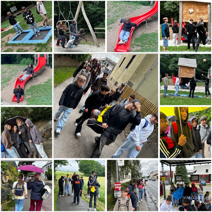 Eine Collage von Kindern auf einem Spielplatz, die rutschen und schwingen. Ein anderes Bild zeigt eine Gruppe, die geht, einige tragen Rucksäcke. Ein Kind hält einen Regenschirm, ein anderes einen Fußball.