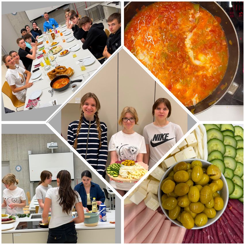 A collage of images showing people preparing food, eating together, and displaying a variety of dishes. The food includes a tomato soup, vegetables, and meat.
