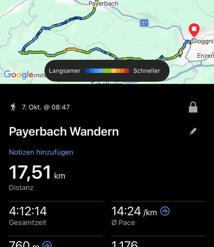 Ein Screenshot einer Wander-App, die eine Karte mit einer Wanderroute von Reichenau an der Rax nach Payerbach zeigt. Die Karte zeigt die Route mit verschiedenen Höhenniveaus und einem Wettersymbol, das 14 Grad Celsius und klares Wetter anzeigt.