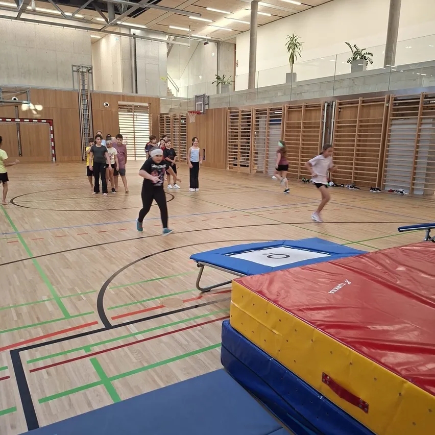 Eine Gruppe von Menschen versammelt sich in einer Sporthalle. Einige stehen und beobachten, während andere auf einer blauen Matte laufen. Es gibt auch mehrere blaue und rote Matten auf dem Boden.