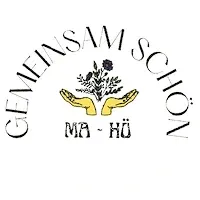 Das Logo für Gleninsam Schon zeigt zwei Hände, die Blumen halten, mit dem Text 'Ma - Ho' in einer stilisierten Schriftart geschrieben.