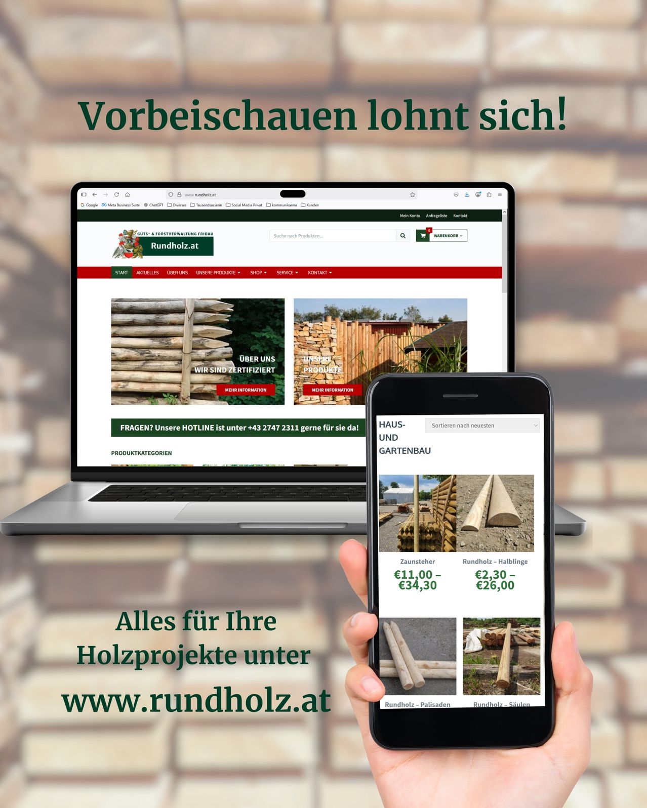 Ein Laptop und ein Smartphone zeigen eine Website von Rundholz.at. Der Laptop zeigt die Startseite mit einer Suchleiste und Produktkategorien. Das Smartphone zeigt eine Produktliste mit Preisen an. Der Slogan lautet 'Vorbeischauen lohnt sich!'
