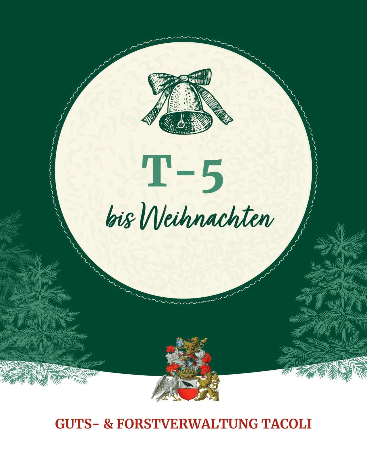 Ein Weihnachts-Countdown-Grafik mit einer Glocke, 'T-5 bis Weihnachten' Text und dekorativen Elementen auf einem grünen Hintergrund.