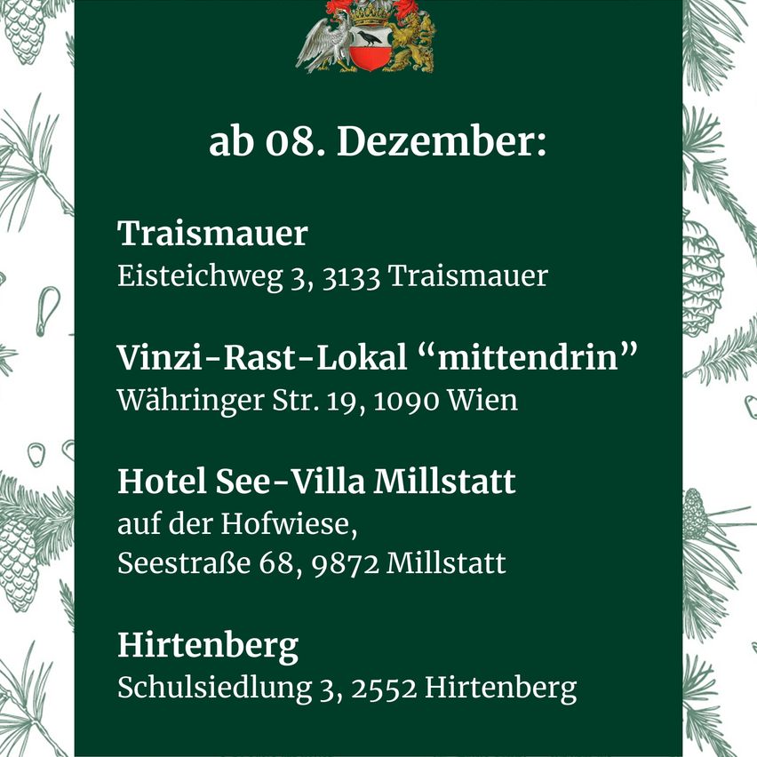 The image displays an event announcement for December 8. It includes four locations: Traismauer, Vinzi-Ras-Lokal 'mittendrin', Hotel See-Villa Millstatt, and Hirtenberg. Each location provides an address. The design features a green background with white text and decorative elements.