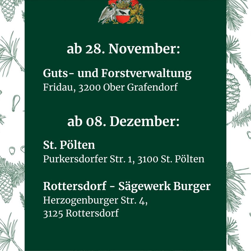 A poster advertises two estate sales. The first is on November 28 at Guts-und Forstverwaltung in Ober Grafendorf. The second is on December 8 at St. Pölten in Purkersdorfer Strasse 1. Another sale is at Rottersdorf-Sägewerk Burger in Herzogenburger Strasse 4.