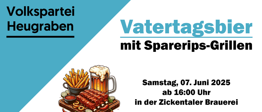 Vatertag mit Spareribs. Samstag, 07. Juli ab 16:00 Uhr in der Zickental. Illustration von Rippchen, Bier, Pommes und Beilagen.