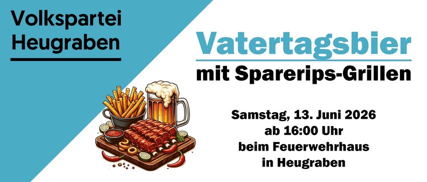 Vatertag mit Spareribs. Samstag, 13., ab 16:00 bei Feuerwehr in Heugrab. Illustration zeigt Rippchen, Bier und Pommes.
