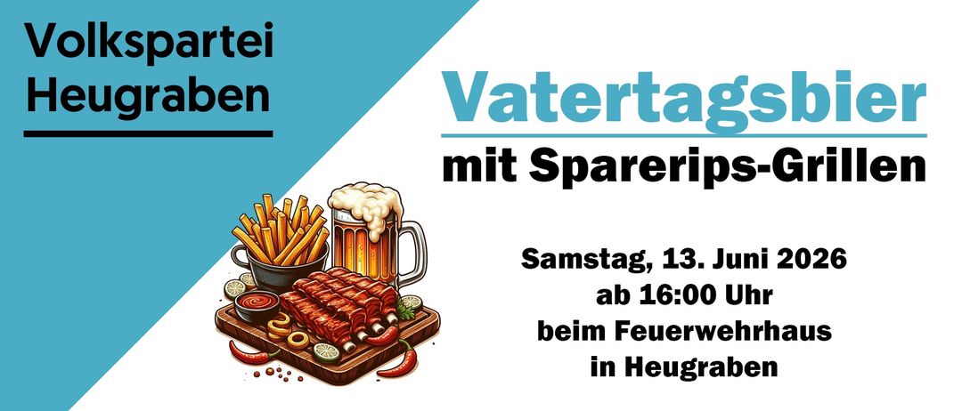 Vatertag mit Spareribs. Samstag, 13., ab 16:00 bei Feuerwehr in Heugrab. Illustration zeigt Rippchen, Bier und Pommes.